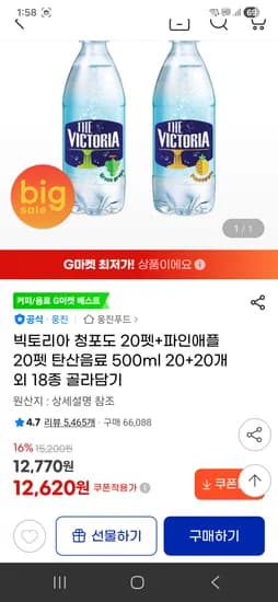 빅토리아 탄산수 500ml 20+20개 12620원