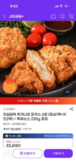 진심담육 튀겨나온 돈까스 6장 (등심1팩+치즈2팩) + 특제소스 증정19,900원