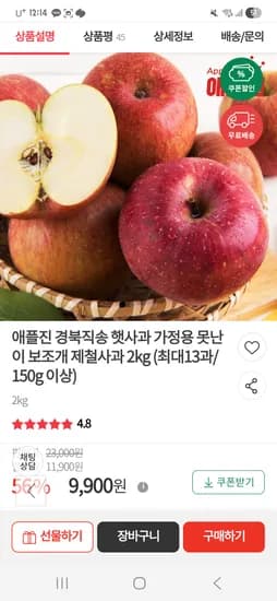 애플진 경북직송 햇사과 가정용 못난이 보조개 제철사과 2kg 9,900원
