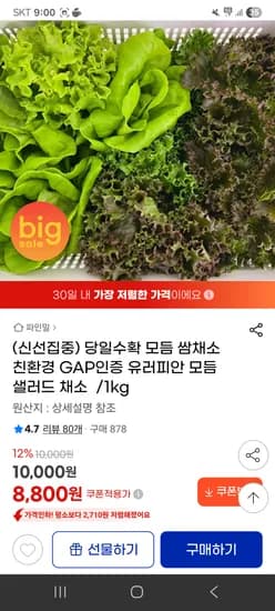 모듬 쌈채소 1kg 8800원!!