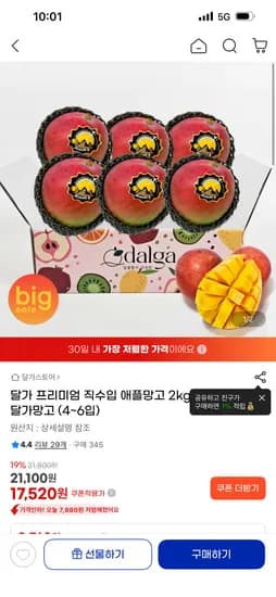 달가 프리미엄 직수입 애플망고 2kg 17,520원 무배