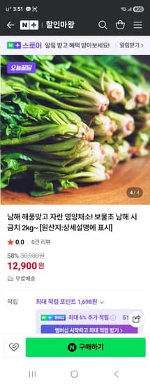 할인마왕 남해 해풍맞고 자란 보물초 남해 시금치 2kg 12,800원