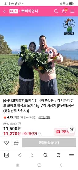 해풍맞은 시금치 1kg 11500원 유배