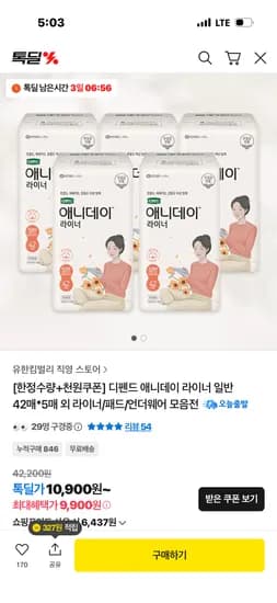 애니데이 라이너 일반 42매x5팩 9,900원(장당47원)