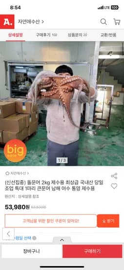 국내산 생물 돌문어 2kg 제수용 53,980원