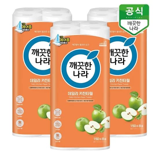 깨끗한나라 데일리 키친타올 150매 8롤x3팩 17,400원