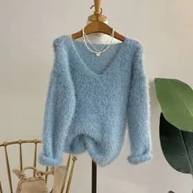 허니제이 푸딩 날개사 부클 브이넥 박시핏 니트 15,120원 무배