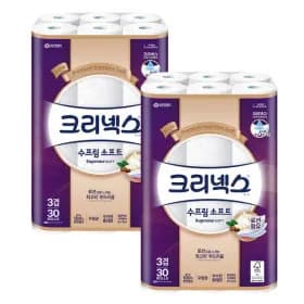 크리넥스 수프림소프트 27m 30롤 2팩 36,900원(1팩18,450원)