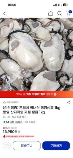 통영 산지직송 훈씨네 생굴 1kg / 13,950원 무료배송