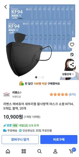 리벤스 에버퓨어 마스크 소형 KF94, 5개입, 블랙, 20개 10,900원(총100개)