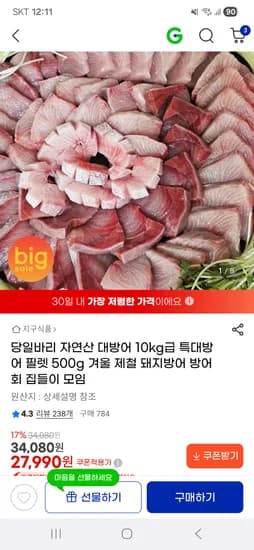 당일바리 자연산 대방어 10kg급 특대방어 필렛 500g 27,990원