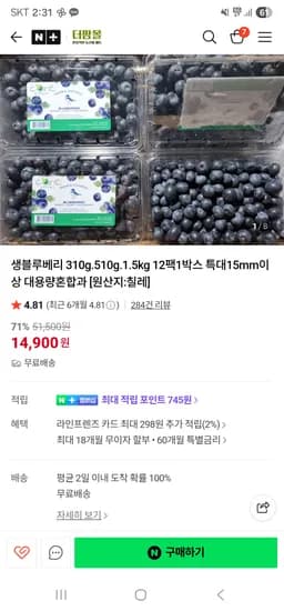 더팜몰 생블루베리 125g 12팩 특대15mm이상 혼합과 29,900원