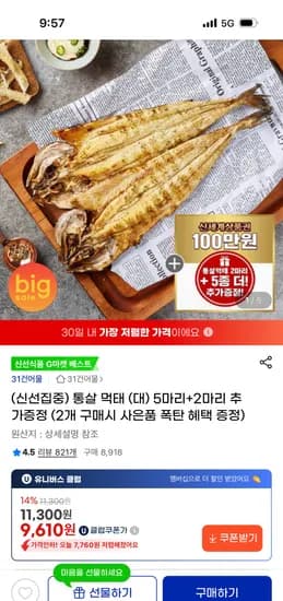 통살 먹태 (대) 5마리+2마리 추가증정 9,610원