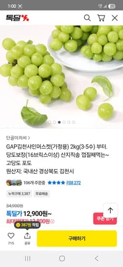 김천샤인머스켓 가정용 2kg 12,900원