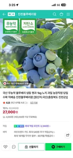 진천블루베리팜 국산 무농약 블루베리 냉동 1kg 27,000원 / 4,000원