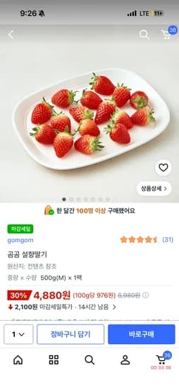 마감세일) 곰곰 설향 딸기 중과 500g 4,880원 (지역차 있음)