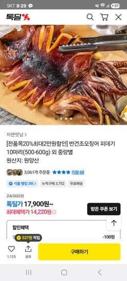 반건조오징어 피데기 10마리 14220원