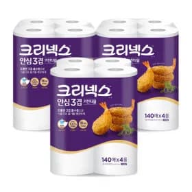 크리넥스 안심 프리미엄 3겹 키친타올 140매 4롤 3팩, 16,410원