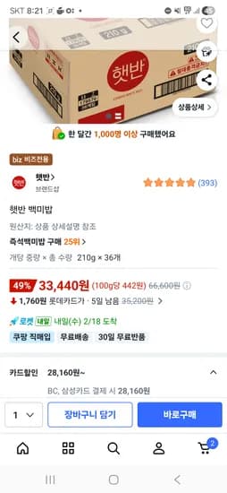 햇반210g 36개 28160원