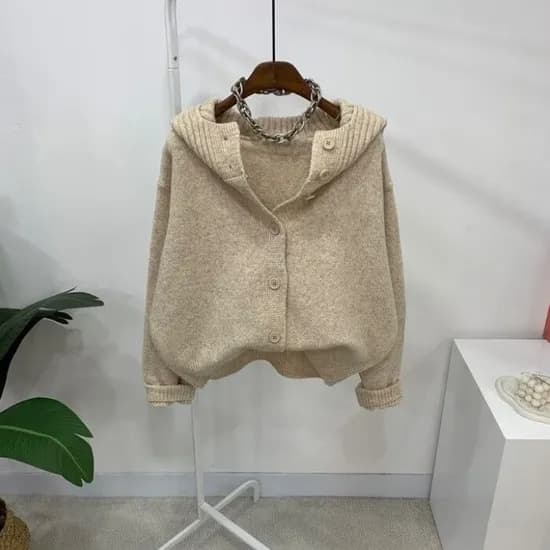 오디 울 무지 긴팔 후드 니트 가디건