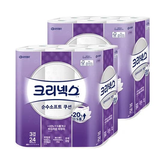 크리넥스 3겹 순수소프트 쿠션 33M 24롤 2팩 마이비데 30매