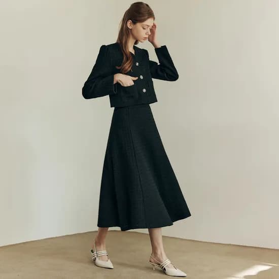 브이넥 트위드자켓+스커트 세트 블랙