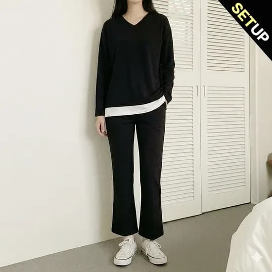 밑단 배색 브이넥티 트레이닝 2종세트