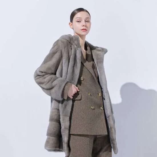 유로모피 밍크후드롱코트