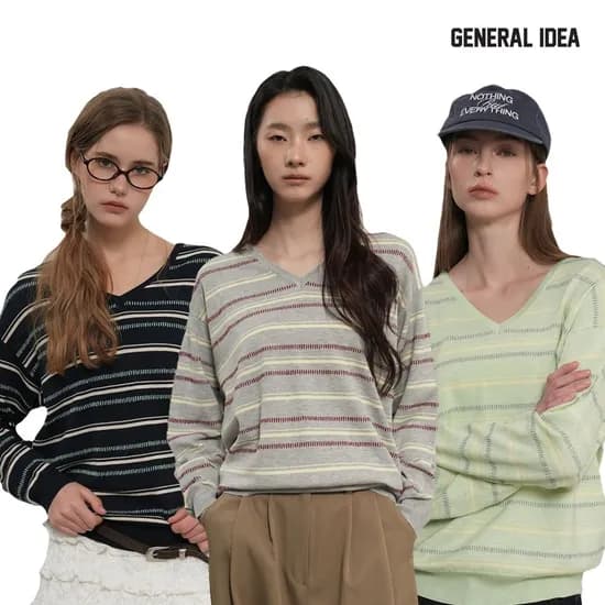제너럴아이디어 스트라이프 브이넥 풀오버