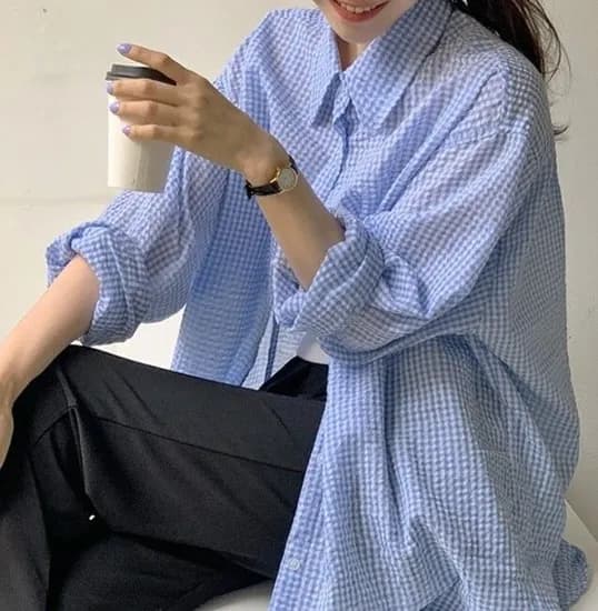 봄 체크남방 블루 핑크 2color 박스체크 남방 롱남방 11,380원/무배