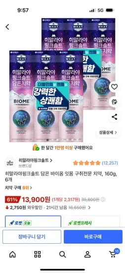 히말라야핑크솔트 담은 바이옴 잇몸 구취전문 치약, 160g, 6개 13,900원