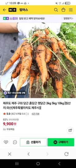 구좌 흙당근 킹사이즈 5kg 9,900원무배