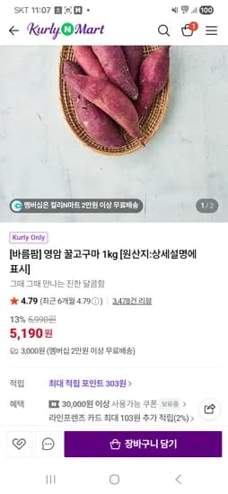 바름팜 영암 꿀고구마 1kg 5,190원