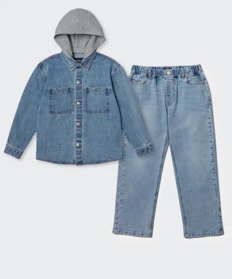 스탠 키즈 오버사이즈 디태처블 후드 데님 셔츠 팬츠 셋업