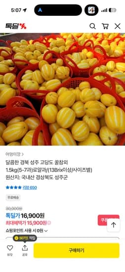 경북 성주 고당도 꿀참외 1.5kg 5-7과 로얄과 15900원
