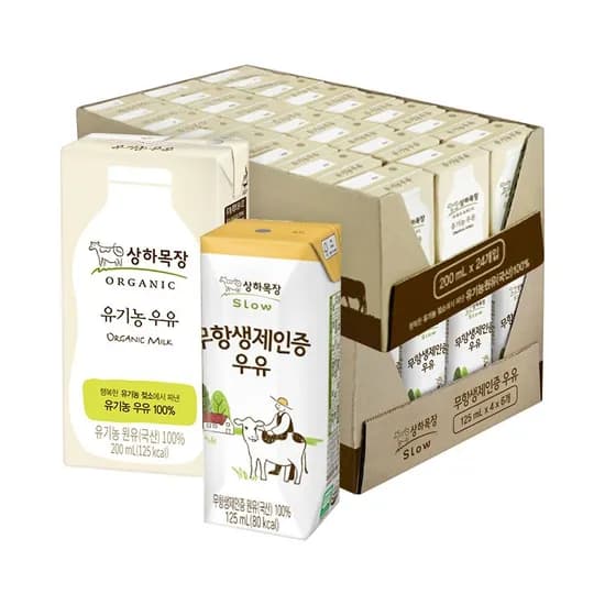 상하 유기농 멸균 우유 200ml 24팩 + 무항생 125ml 24팩 27,990원
