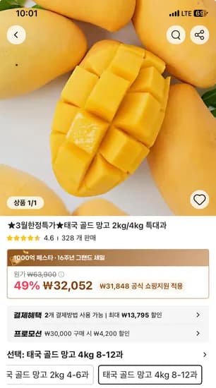 태국 골드망고 4kg 특대과 8-12과 23,852원
