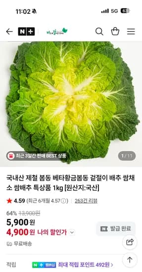 바잘농산물 국내산 제철 봄동 특상품 1kg 4,900원