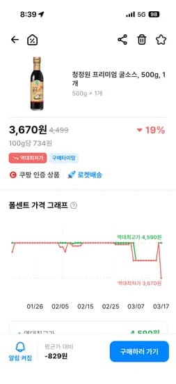 청정원 프리미엄 굴소스 500g 1개 역대최저가 3,670원