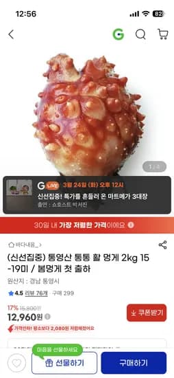 통영산 통통 활 멍게 2kg 15-19미 12,960원