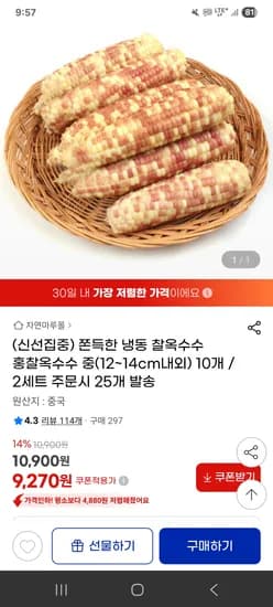 냉동 홍찰옥수수 10개 9,270원