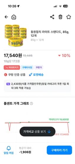 동원참치 라이트 스탠다드 85g 12개 17,540원