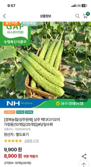 상주 백다다기오이 가정용 10개입 8,900원 무배