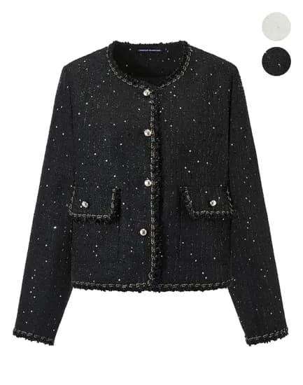 미니멈 에브리데이 클래식 라운드 노카라 스팽글 트위드 자켓 30,538원
