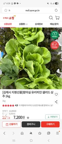 유러피안 샐러드 상추 1kg 7200원