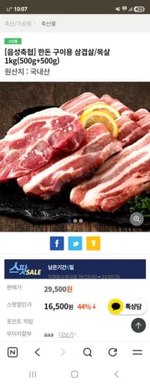 한돈 구이용 삼겹살/목살 1kg(500g+500g) 16,500원