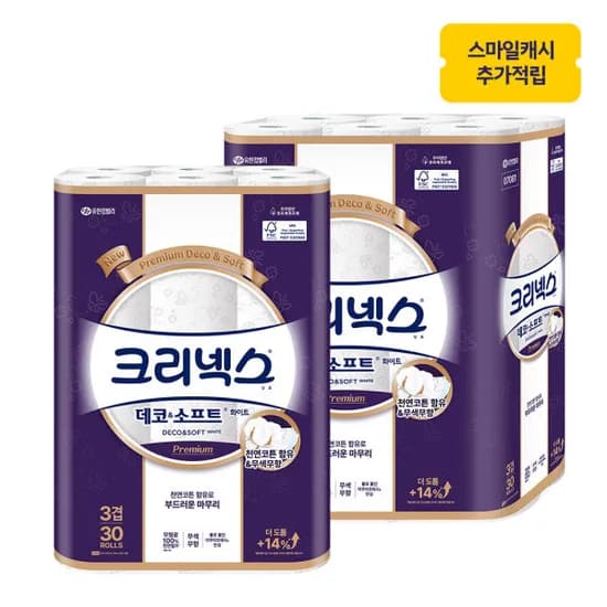 크리넥스 3겹 데코앤소프트 화이트 25M 30롤+30롤 체감 28,169원 핫딜
