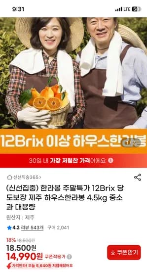 제주 하우스한라봉 12브릭스 4.5kg 중소과 14990원