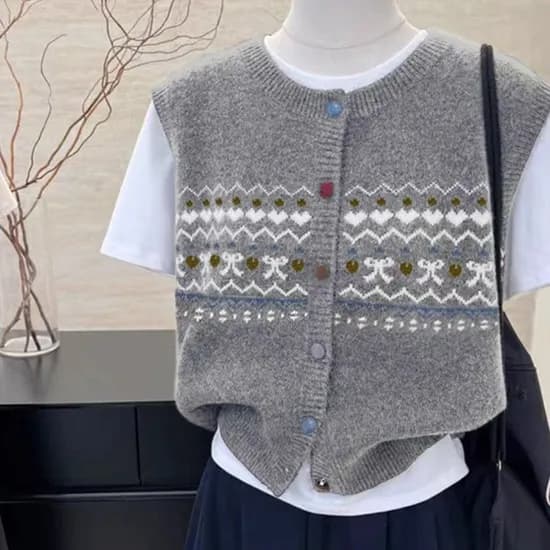 프리티글라라 여성 패턴 라운드넥 칼라 버튼 니트 조끼
