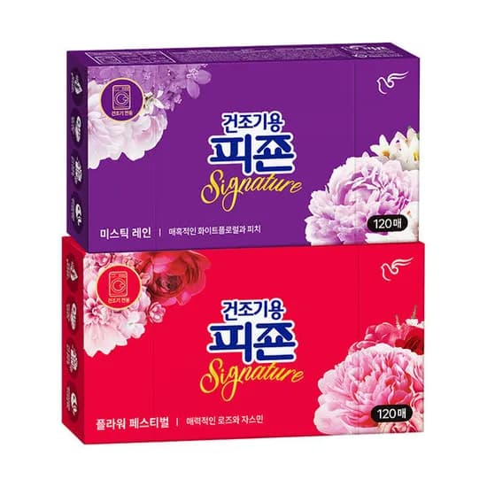 피죤 건조기용 드라이시트 미스틱레인 120매+플라워페스티벌 120매 10,920원(티멤/카페)